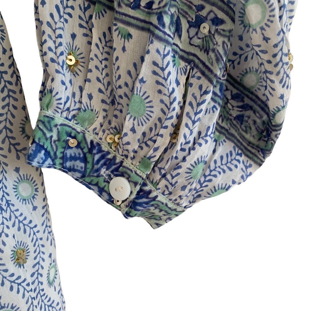 Boho Mini Dress Blue Green Print Sz M - Picture 4 of 11